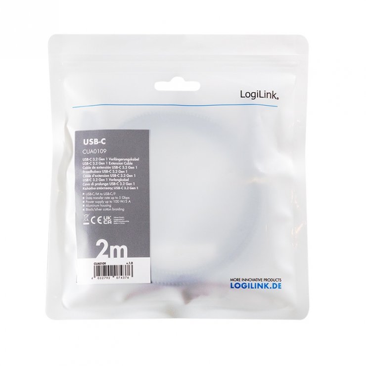 Imagine Cablu prelungitor USB 3.2 Gen2 type C 100W T-M brodat 2m, Logilink CUA0109